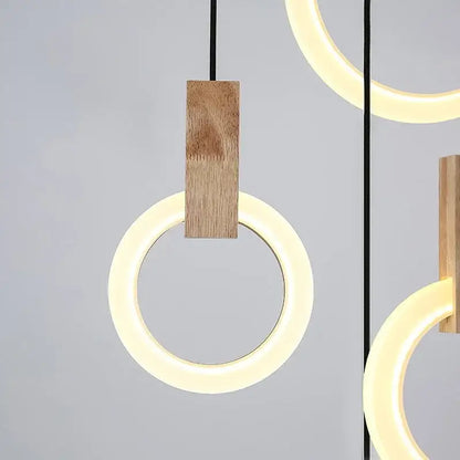 Modern nordic led wood stair chandelier with warm glowing circular ring and natural wood accent bar for living room decorbites led wood