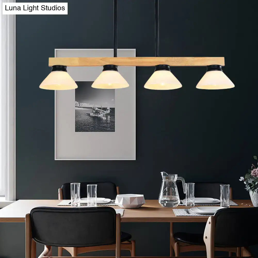 Decorbites™ nordic linear wood hanging light with four opal glass shades and gold black metal accents