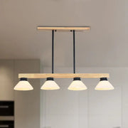 Modern farmhouse-style decorbites™ nordic linear wood hanging light with natural wood frame black rods and opal glass shades