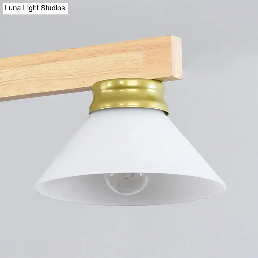 Decorbites™ nordic linear wood hanging light with white conical glass lampshade and brass metal collar mounted on wood beam