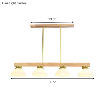 Decorbites nordic linear wood hanging light with natural wood frame brass accents and four opal glass shades in gold finish