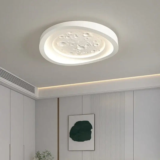 Modern nordic white led ceiling lamp with textured moon surface featuring raised bumps for bedroom lighting