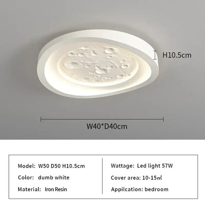 Modern nordic white led ceiling lamp with moon-like textured iron resin surface for bedroom lighting