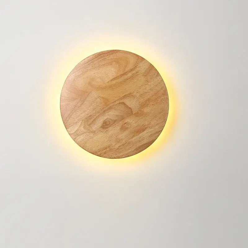Modern nordic natural wood led wooden wall lamp with warm glowing circular light edge for bedroom decorbites led wooden wall