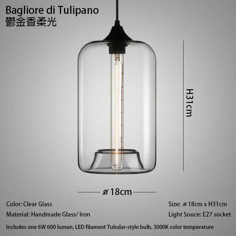Modern nordic pendant light with clear glass shade, black iron fixture, polished chrome accents, and led filament bulb