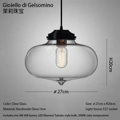 Clear glass pendant light with black iron fixture and led filament bulb in modern nordic polished chrome design