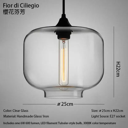 Modern nordic pendant light with clear glass, black iron fixture, polished chrome accents, and led filament bulb