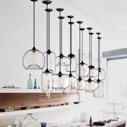 Modern nordic pendant light with polished chrome black metal fixtures and led filament bulbs for kitchen lighting