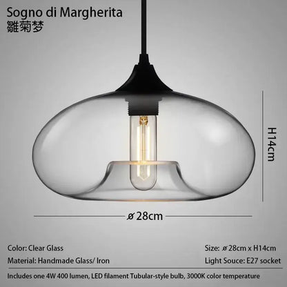 A modern nordic pendant light with polished chrome fixture, clear glass dome, and led filament bulb for kitchen use