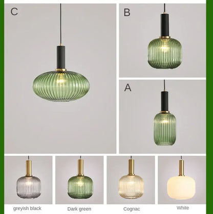 Modern nordic dark green ribbed glass led pendant light with black stem and gold accents for dining room lighting