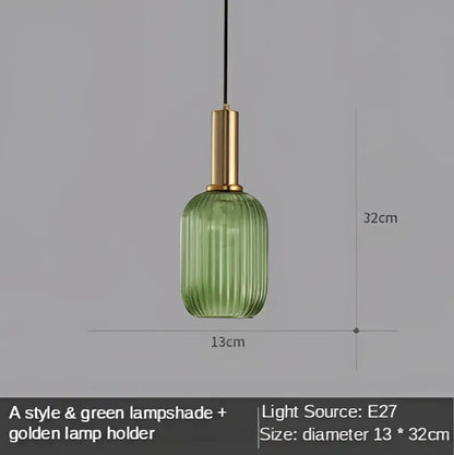Modern nordic green ribbed glass led pendant lights with golden metal holder for dining room illumination