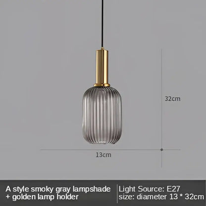 Modern nordic ribbed gray glass led pendant lights with polished gold metal holder for dining room lighting