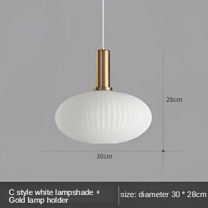 Modern nordic white ribbed glass led pendant lights with gold metal holder for dining room illumination