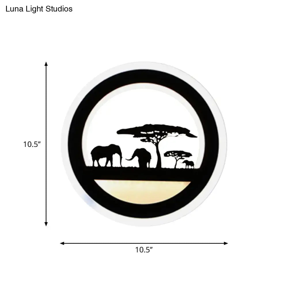 Modern nordic wall light with shelf and bulb included featuring circular led sconce with black elephant silhouettes