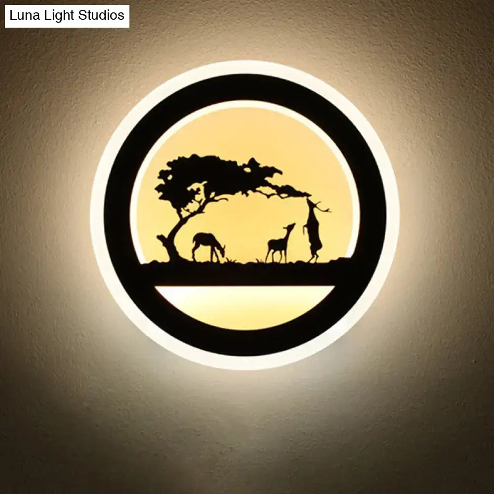 Modern nordic wall light with shelf features a circular fixture with acacia tree silhouette and bulb included against warm glow