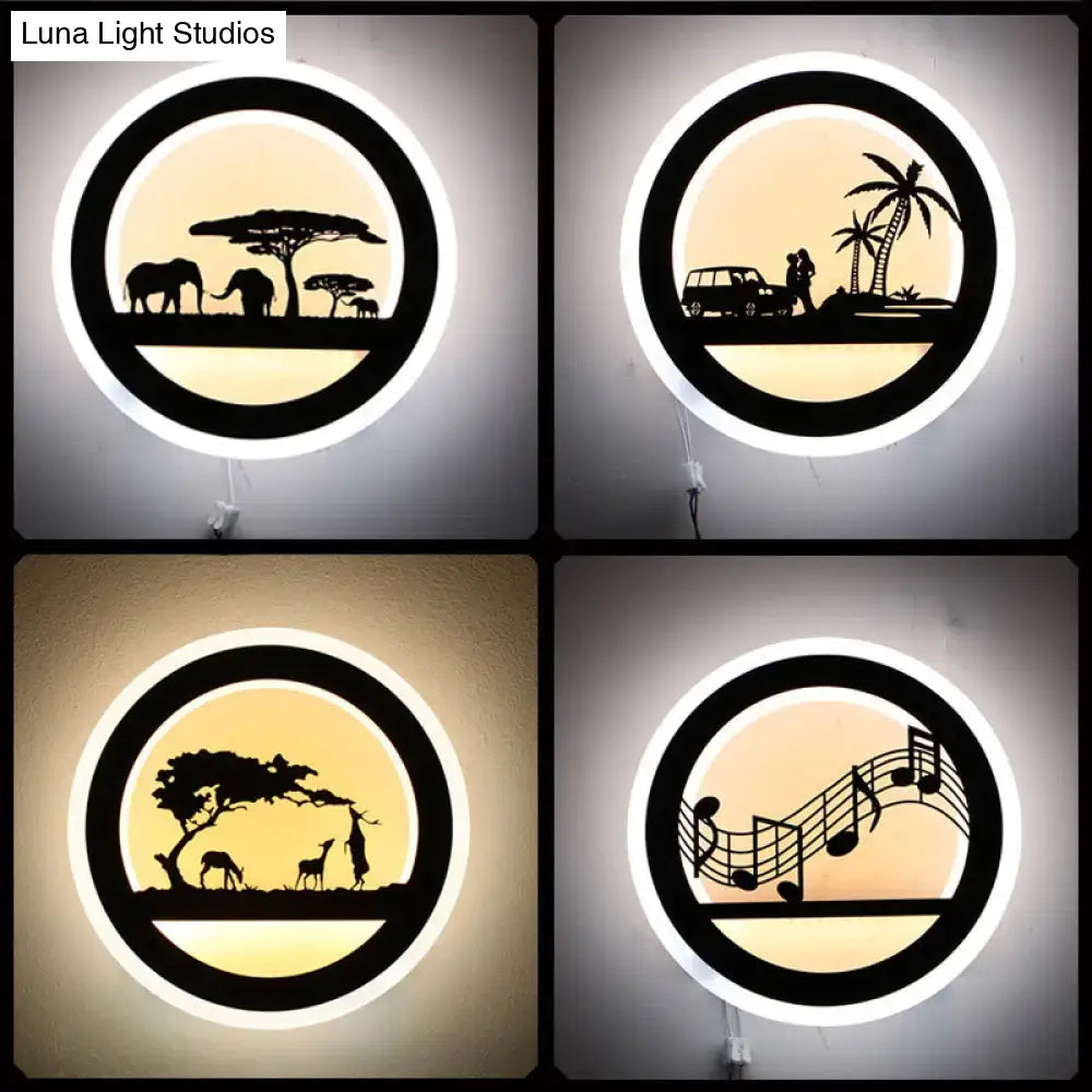 Modern nordic wall light with shelf featuring black silhouette cutouts and warm backlight with bulb included