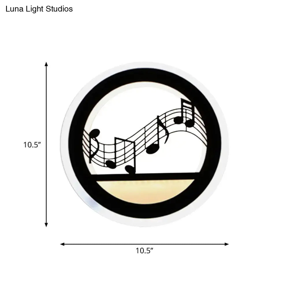 Modern Nordic circular wall light with black musical note design on white background bulb included 10.5 inches diameter