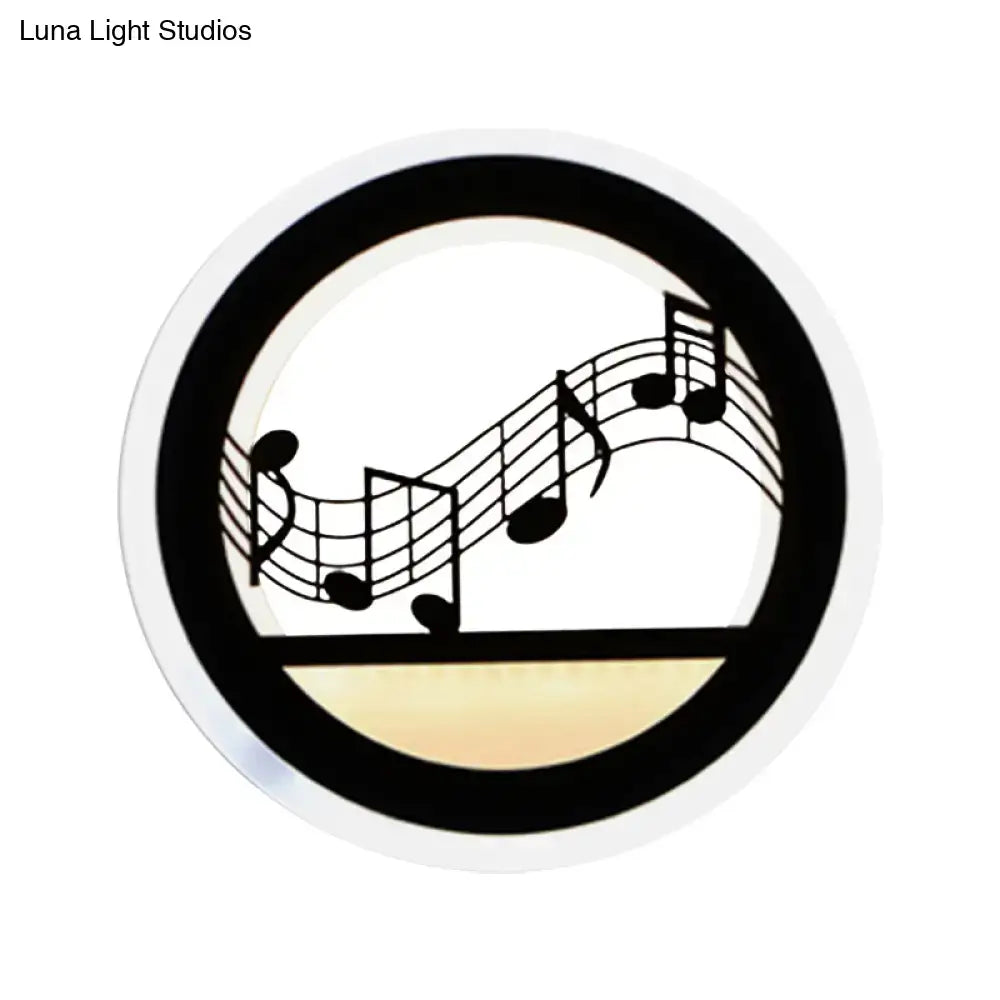 Modern nordic wall light with shelf and bulb included featuring black circular sticker with stylized musical staff design