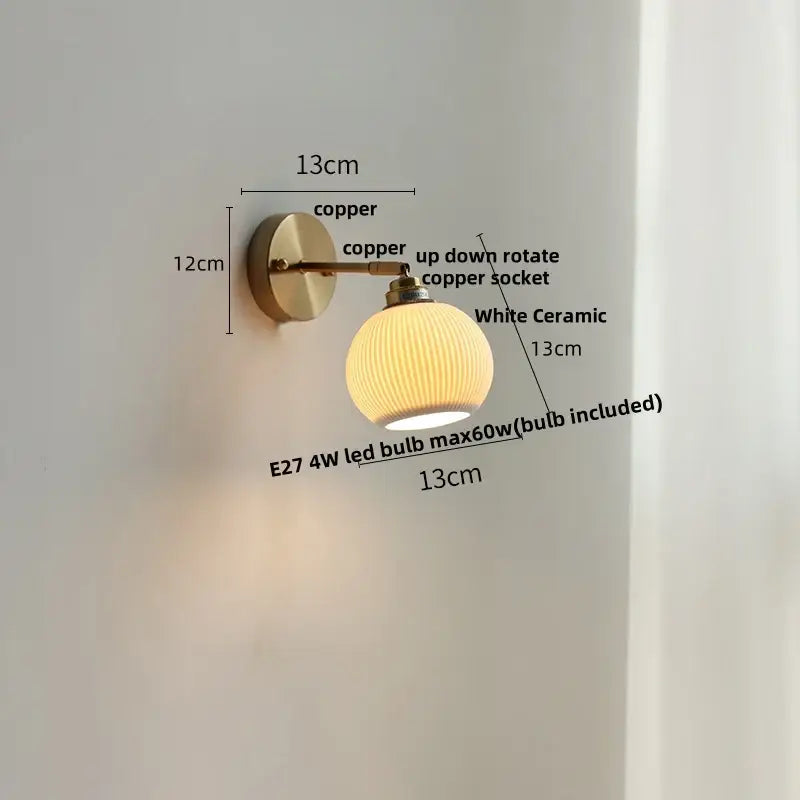 Modern nordic white ceramic wall lights with ribbed texture and copper-finished brass mounting for bedroom decorbites ceramic wall lighting