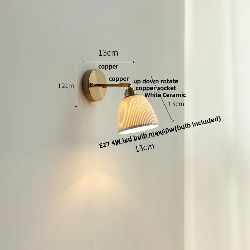 Modern nordic copper finished wall lights with white ceramic ribbed lampshade and adjustable brass arm decorbites ceramic wall