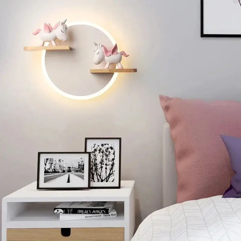 Modern nordic white led wall lamp with wooden shelves and warm glow featuring pink unicorn decorbites led wall lamp