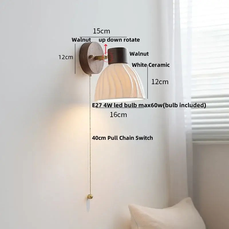Walnut-finished led wall light fixture with white ceramic ribbed lampshade and brass pull chain switch for bedroom decorbites led wall