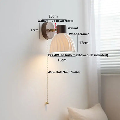 Walnut-finished led wall light fixture with white ceramic ribbed lampshade and brass pull chain switch for bedroom decorbites led wall