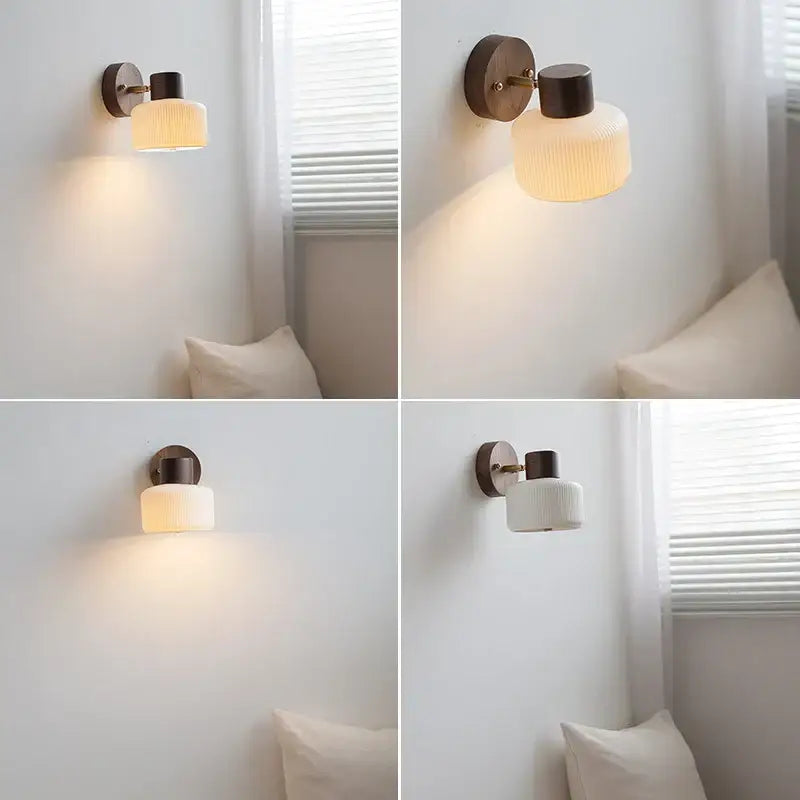 Modern nordic wood and ribbed glass led wall light fixture with warm-toned glass and dark bronze finish for bedroom decorbites led wall