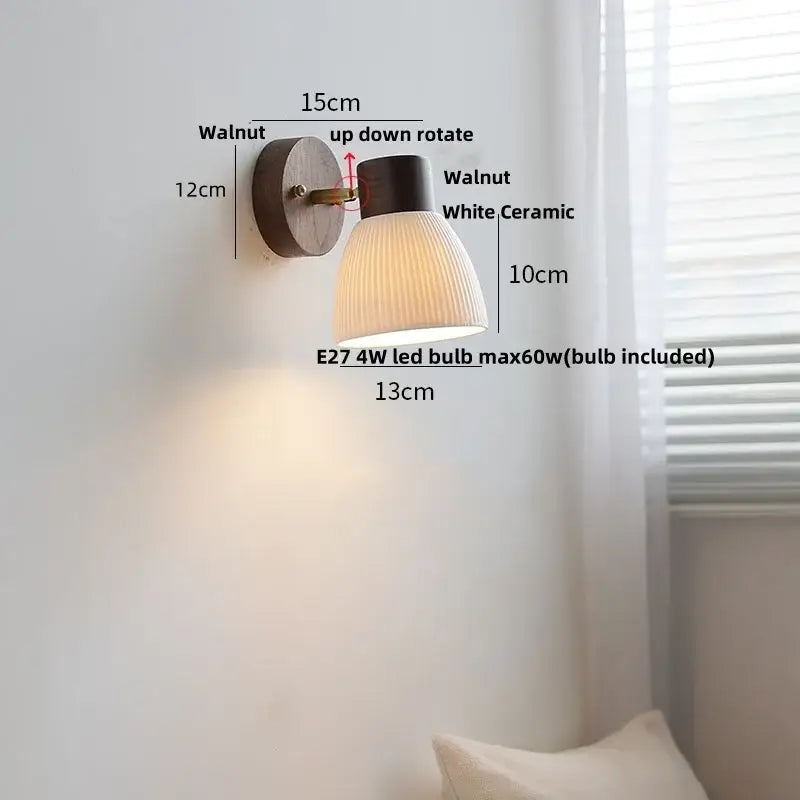 Modern nordic walnut finish led wall light fixture with white ceramic ribbed shade and adjustable rotation decorbites led wall