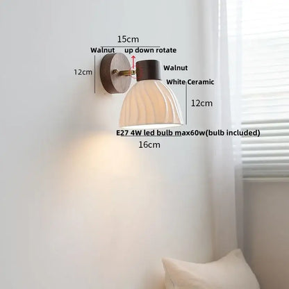 Modern nordic decorbites led wall light with walnut-finished metal base and white ribbed ceramic shade for bedroom decor