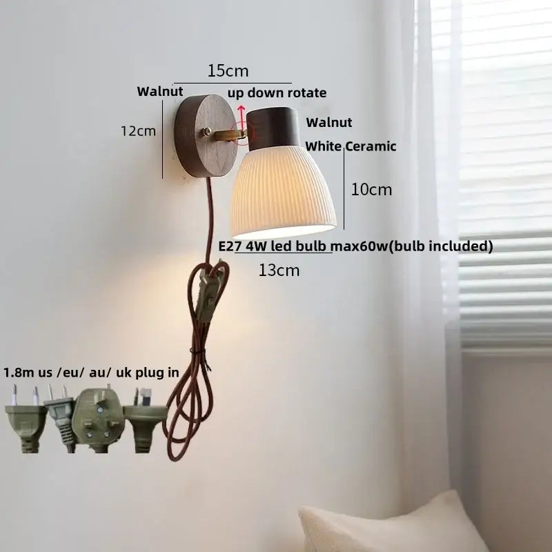 Modern nordic walnut-finished decorbites led wall sconce with white ceramic ribbed lampshade and adjustable head