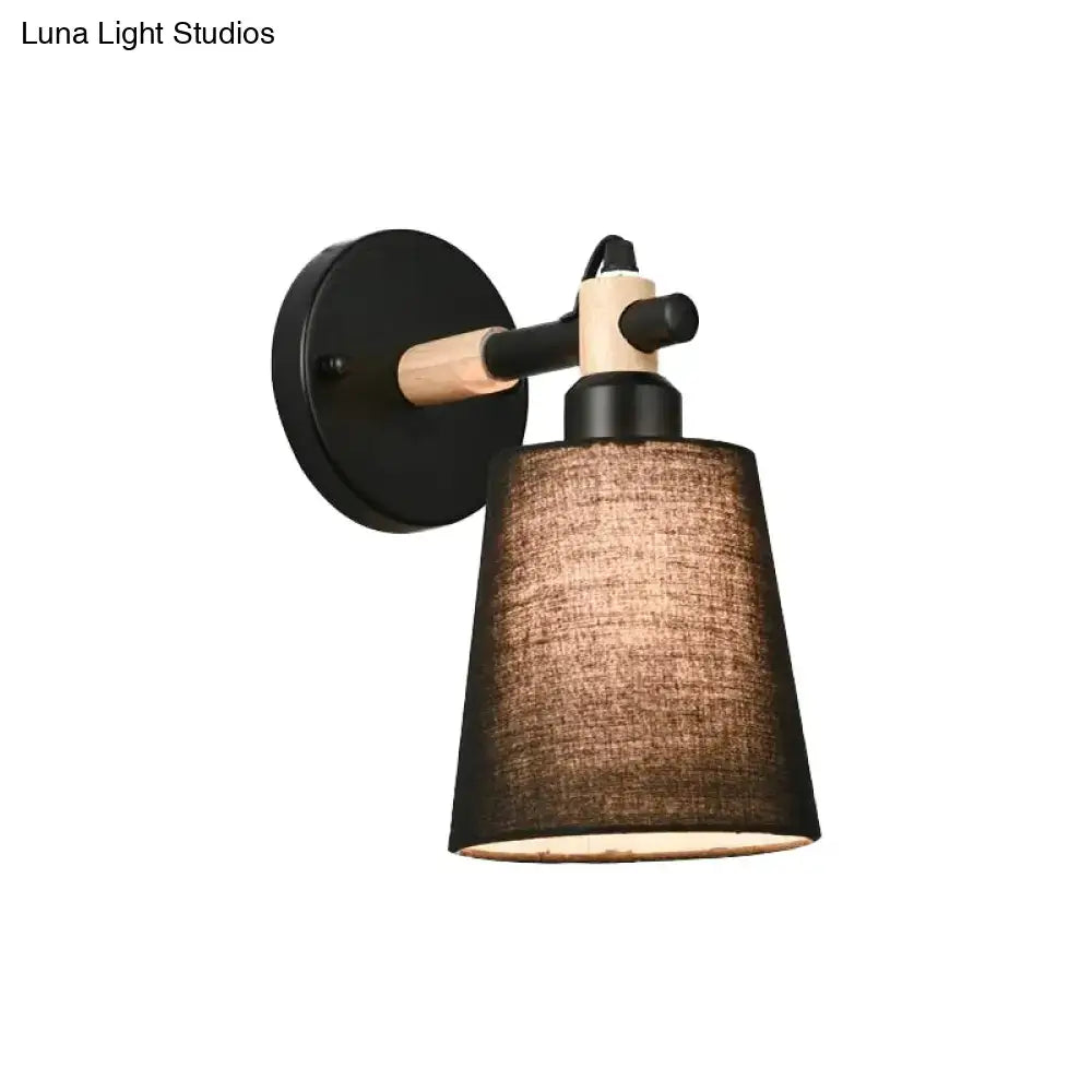 Modern nordic wood wall lamp with black sconce, natural wood accent, and textured brown horn shade for bedroom lighting