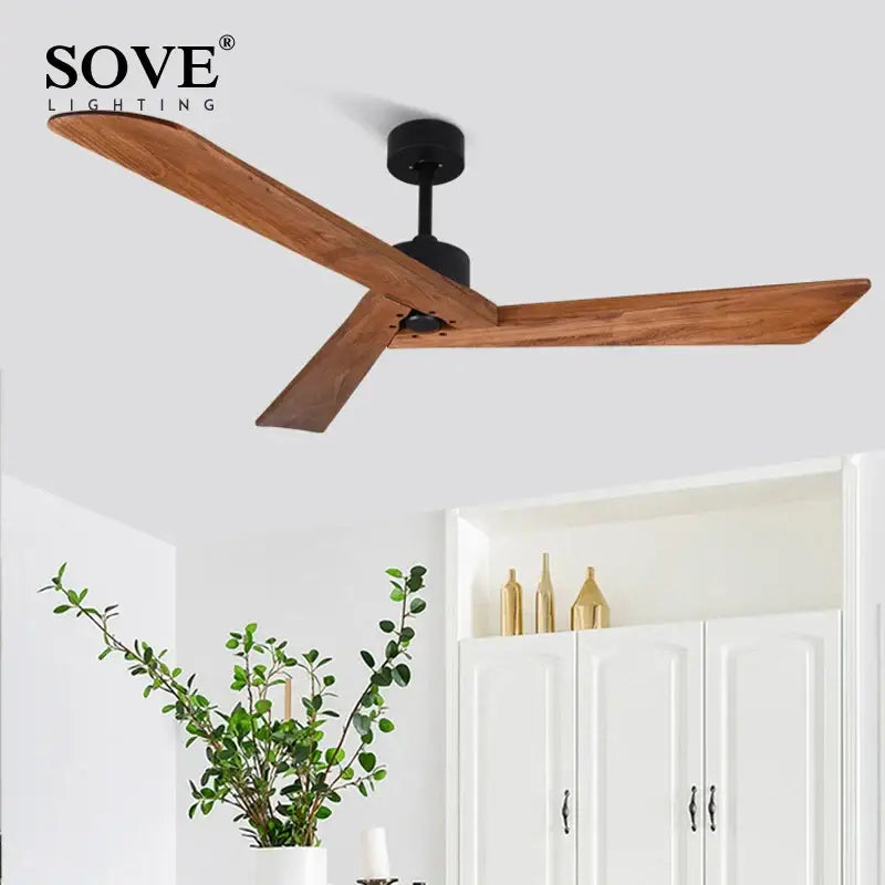 Modern off white 60 inch sove wood ceiling fan with three wooden blades and black motor housing for living room use