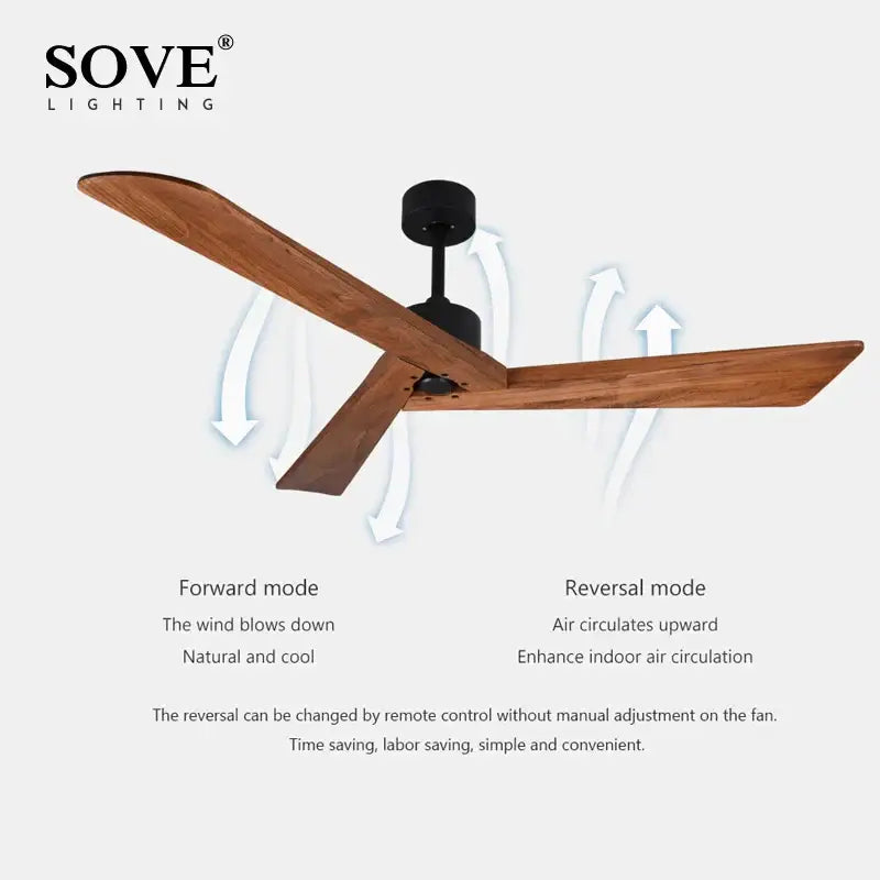 Modern off white 60 inch sove ceiling fan with three wooden blades and black motor housing for wood ceiling use