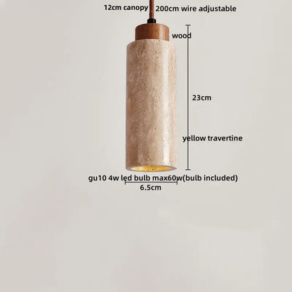 Modern off white cave stone led pendant light with textured yellow travertine body wooden canopy for dining room decorbites cave stone