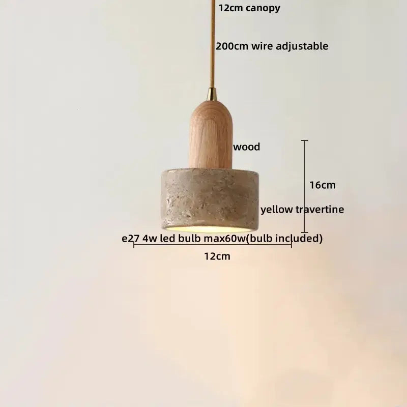 Modern off white cave stone led pendant light with warm wooden canopy and textured yellow travertine shade by decorbites cave stone
