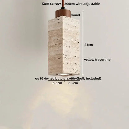 Modern off white cave stone led pendant light with yellow travertine body and wooden canopy featuring gu10 led bulb decorbites cave stone