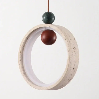 Minimalist off-white travertine adjustable led pendant light with matte beige concrete, dark green stone, and wood beads decorbites