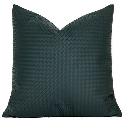 Dark green woven-textured pillow cover made of geometric faux leather for modern olive green decorbites pillow cover