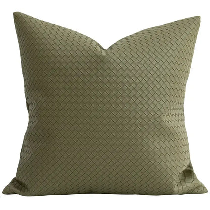 Modern olive green geometric faux leather pillow cover with a textured woven pattern for living room decorbites decor