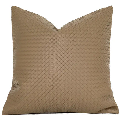 Tan woven fabric pillow with textured interlaced pattern for modern olive green geometric faux leather pillow cover decorbites