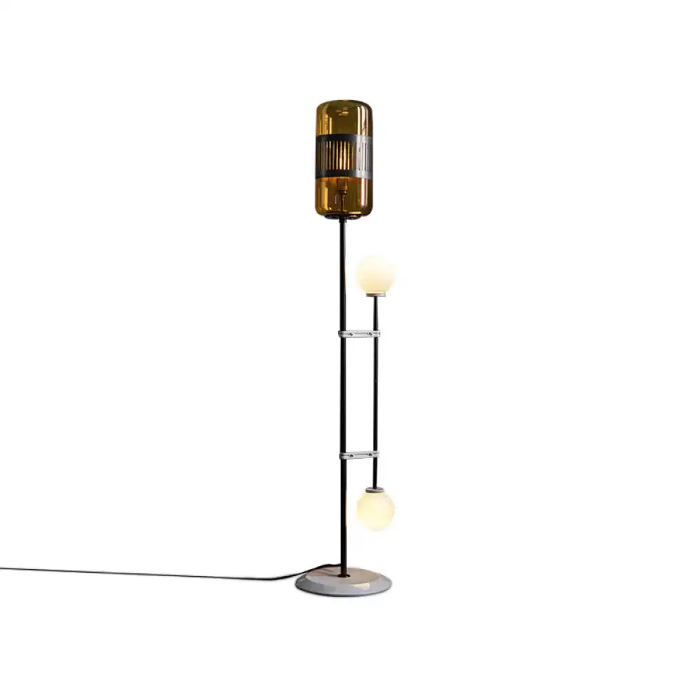 DecorBites modern black metal floor lamp with amber glass capsule top and two glowing bulbs for living room 110v-120v