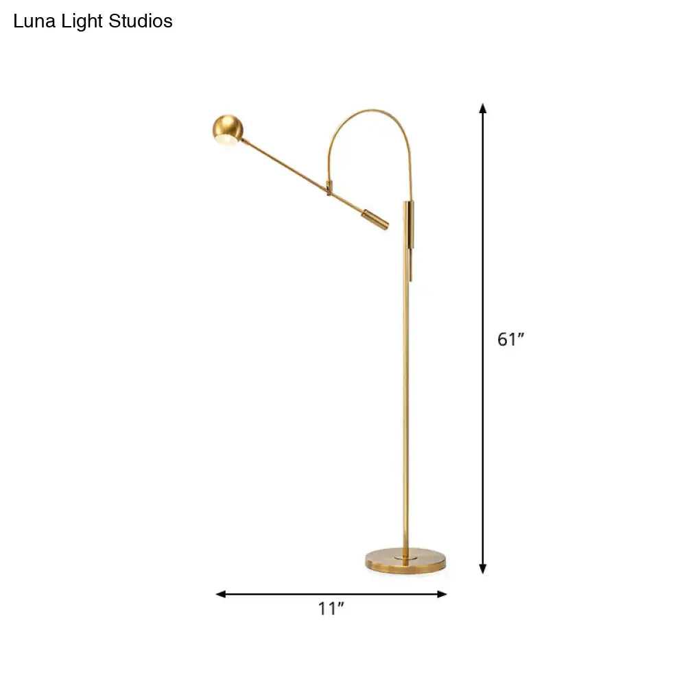 Gold-finished floor lamp with slender curved arm and dual lighting heads 110v-120v for modern living room decor