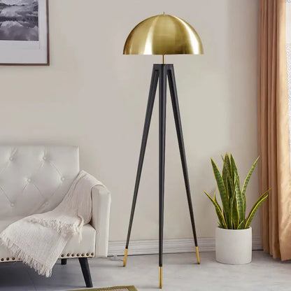 Decorbites modern black metal floor lamp with gold dome shade and black tripod legs 110v-120v for living room