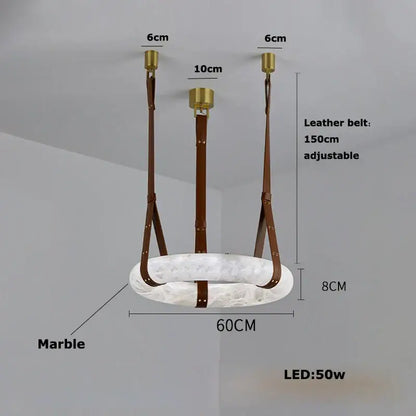 Modern opal glass ring marble chandelier with white marble pendant light, brown leather straps, and gold hardware decorbites classic ring
