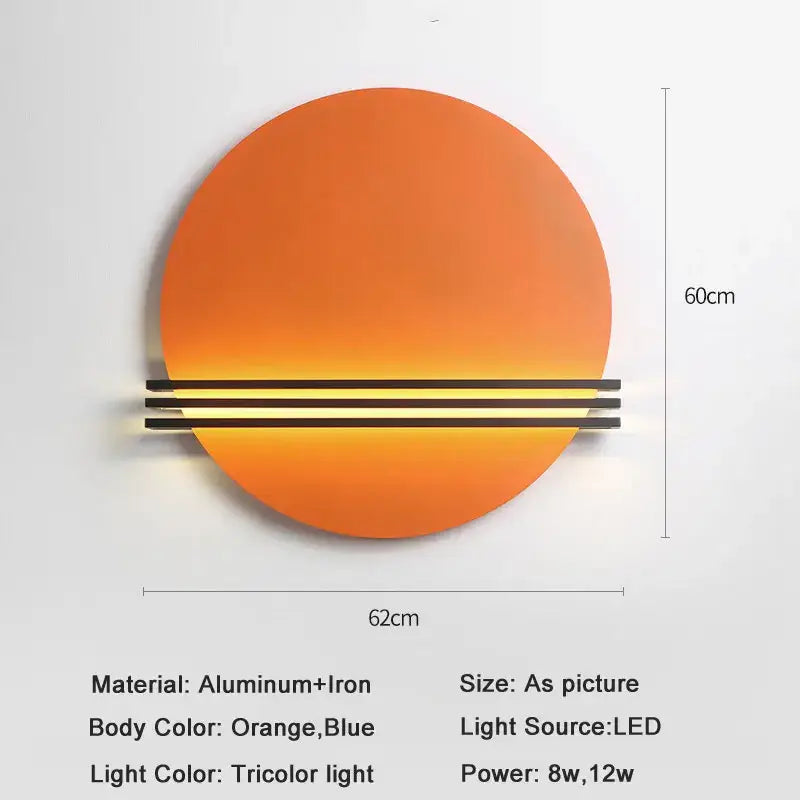 Modern orange and black circular wall lamp with sleek aluminum and iron frame and three horizontal tricolor led strips