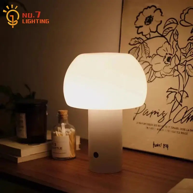 A soft white frosted glass atmosphere mushroom table lamp for modern orange decorbites bedroom desk lighting