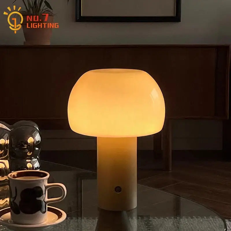 Modern orange atmosphere mushroom table lamp with a smooth amber glass shade and matte beige base for bedroom decorbites atmosphere mushroom use