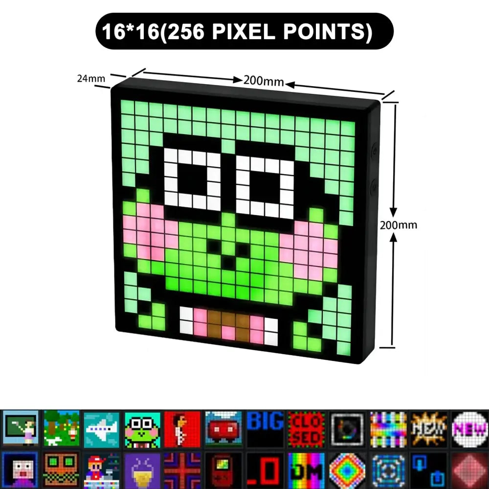 A 200mm x 200mm black-framed led pixel display screen showing a green frog with pink cheeks for gaming room decor