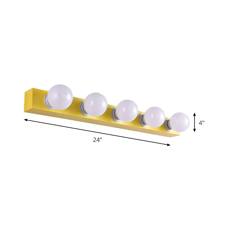 Modern orange and white vanity light fixture with five white spherical bulbs for bedroom use